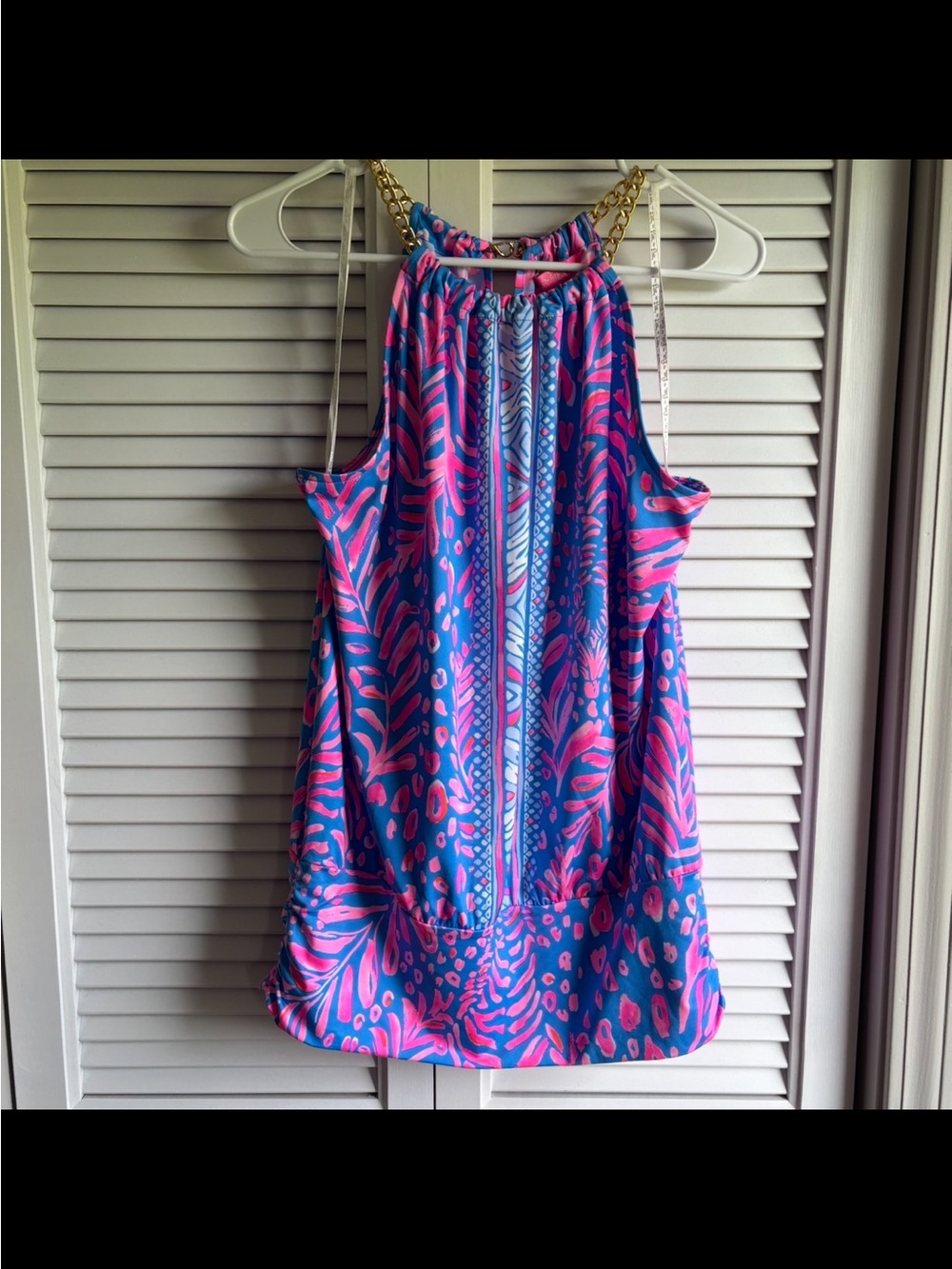 Lilly Pulitzer Blue and Pink Halter Chain-Detail Tank Top